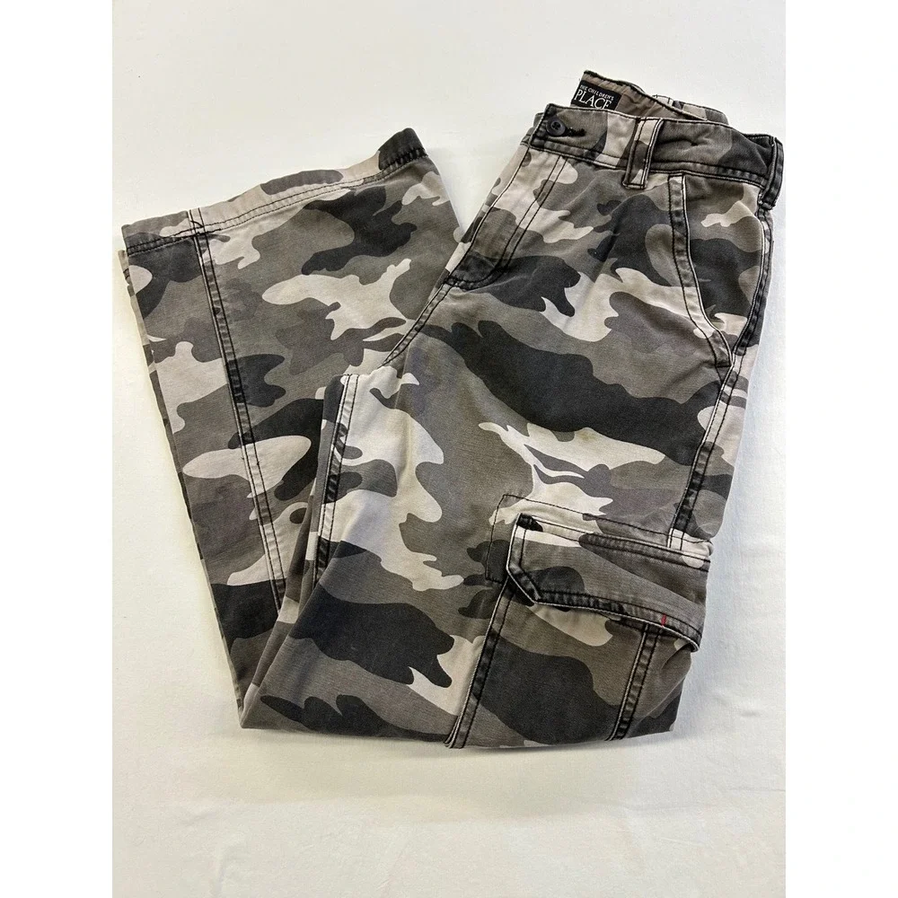Y2K The Childrens Place Grey Camo Cargo Pants Size 12 Adjustable Waist
